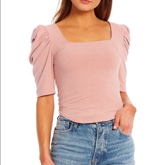 Free People Night Lily Puff Shoulder Ribbed Top in Pale Mauve Size Medium - Picture 1 of 4